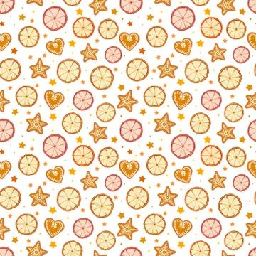 Seamless background with dried orange slices ang gingerbread cookies. Can be Illustrazione stock