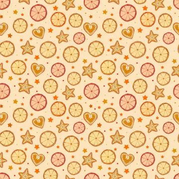 Seamless background with dried orange slices ang gingerbread cookies. Can be  Illustrazione stock