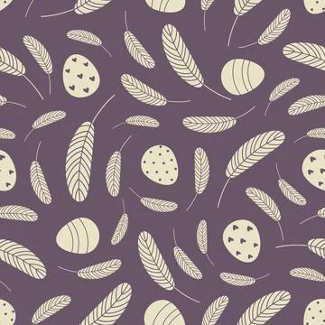 Seamless background with Easter eggs and bird feathers 库存插图