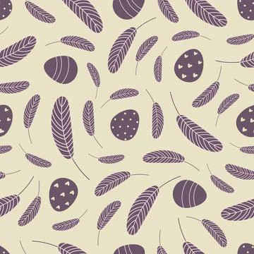 Seamless background with Easter eggs and bird feathers 库存插图