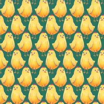 Seamless background Easter pattern with cute little yellow chickens on a green Illustrazione stock