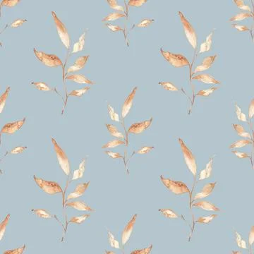 Seamless background with falling leaves doodles on baby blue background. Luxu Stock Illustration