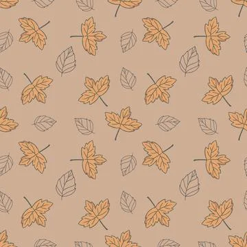 Seamless background with falling leaves doodles on beige background. Luxury p Stock Illustration