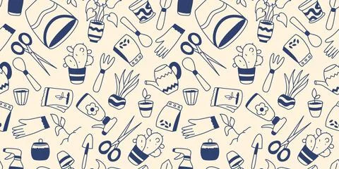 Seamless background featuring hand drawn tools, gardening accessories and p.. イラスト素材