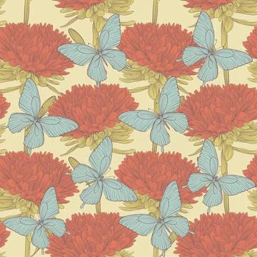 Seamless background with flowers aster and butterflies. Stock Illustration