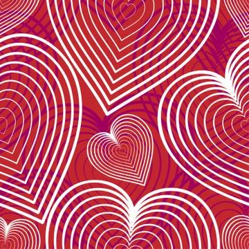 Seamless background with flying hearts. Linear elements on red background Stock Illustration