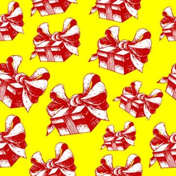 Seamless background with gift boxes. Hand drawn vector red boxes with bows  Illustrazione stock