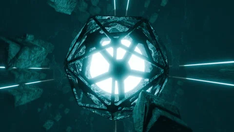 Seamless background, glowing energy core inside rotating structure, rocks flying Stock Footage 291705380