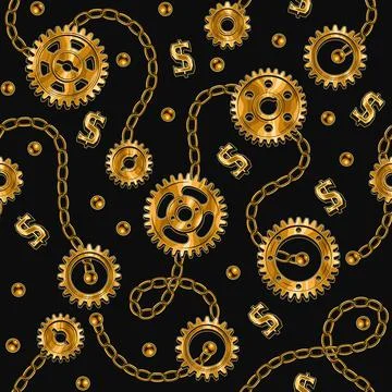 Seamless background with gold gears, chains, beads, dollar sign Illustrazione stock