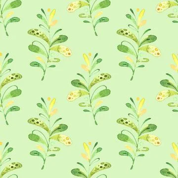 Seamless background with green leaf doodles, pastel green background. Luxury Stock Illustration