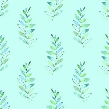 Seamless background with green leaf doodles, blue ice background. Luxury patt Stock Illustration