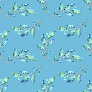 Seamless background with green leaf doodles, blue background. Luxury pattern Stock Illustration