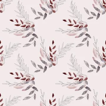 Seamless background with grey and brown leave doodles on bright background. L Stock Illustration