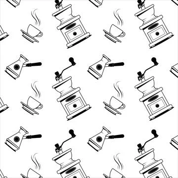 Seamless background with hand coffee grinder, cup of hot coffee, Turkish coff Stock Illustration