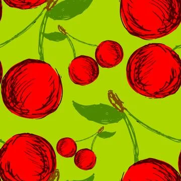 Seamless background with hand drawn cherries Stock Illustration