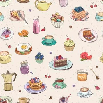 Seamless background Hand drawn coffee, tea, sweets pattern. Illustration Stock Illustration
