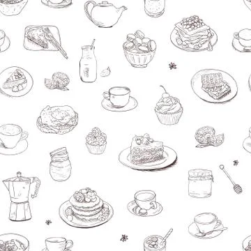 Seamless background Hand drawn coffee, tea, sweets pattern. Illustration Illustrazione stock