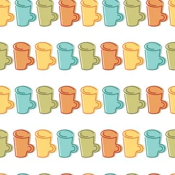 Seamless background with hand drawn colorful mugs . Suitable for tablecloth,  Stock Illustration