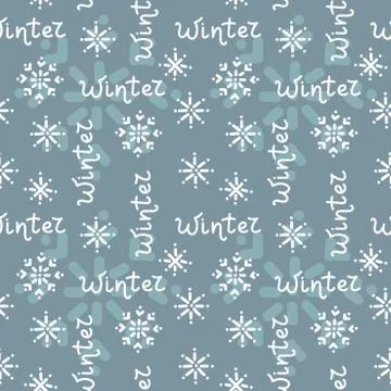 Seamless background with hand drawn snowflakes and Winter lettering Stock Illustration