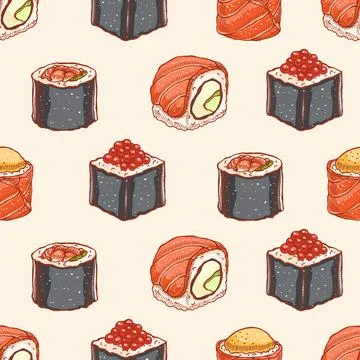 Seamless background with hand-drawn sushi Ilustración de archivo