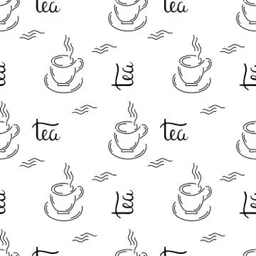 Seamless background with hand drawn tea Cup. Inscription Tea . Suitable for Stock Illustration