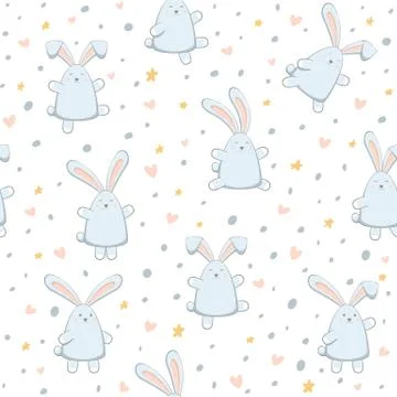 Seamless Background with Happy Easter Rabbits on White Stock Illustration