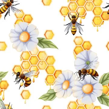 Seamless background with honeycombs, bees and white flowers. Summer texture f Stock Illustration