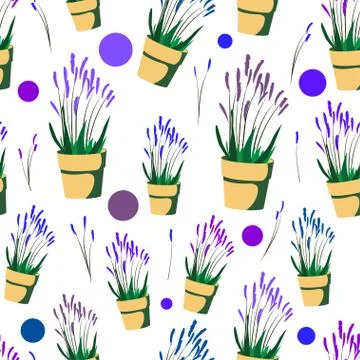 Seamless background with the image of lavender in a pot. Stock Illustration