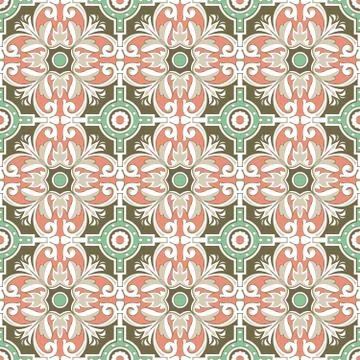 Seamless background image of vintage round spiral flower tile pattern. Stock Illustration