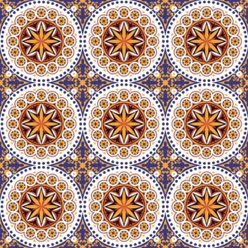 Seamless background image of vintage round dot flower tile pattern. Stock Illustration