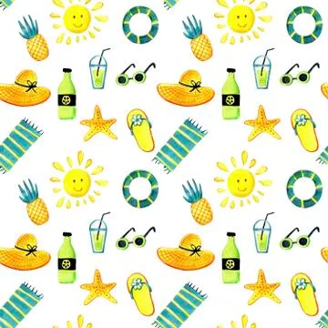Seamless background of isolated objects of summer theme with watercolor. Illustrazione stock