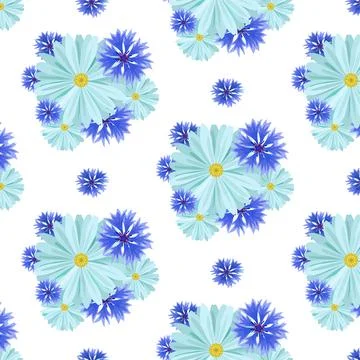 Seamless background with light blue daisies and blue, lilac cornflowers and Stock Illustration