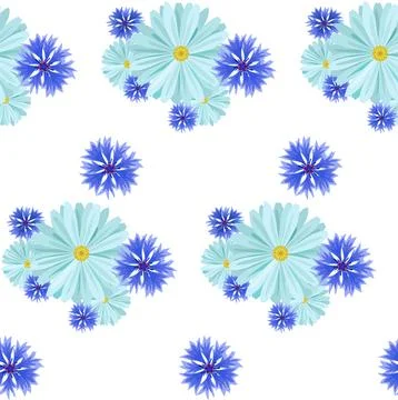 Seamless background with light blue daisies and blue, lilac cornflowers and Stock Illustration