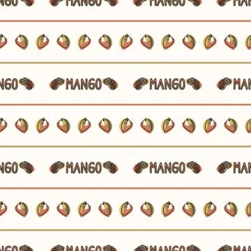 Seamless background mango text stripe. Gender neutral kid food pattern. Simple Stock Illustration