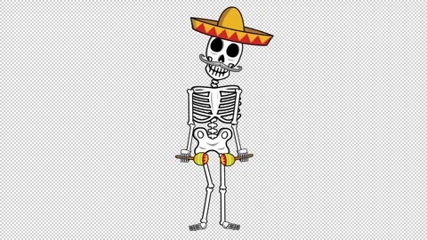 Seamless background with Mexican mariachi dancing skeleton isolated with alpha Video stock 274197202