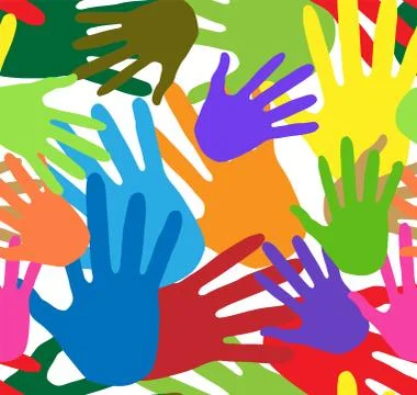Seamless background of multi-colored prints of hands. Stock Illustration