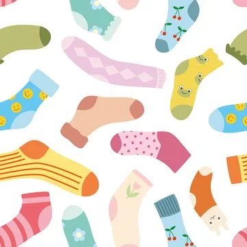 Seamless background of multi-colored socks with patterns and stripes Stock Illustration