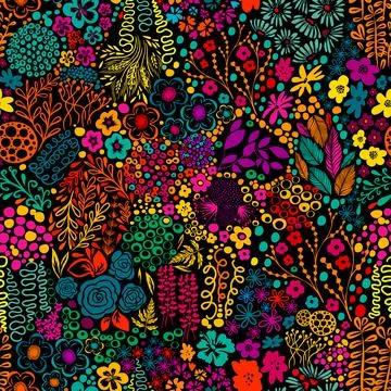 Seamless background from multicolored flowers and butterflies. Beautiful patt Stock Illustration
