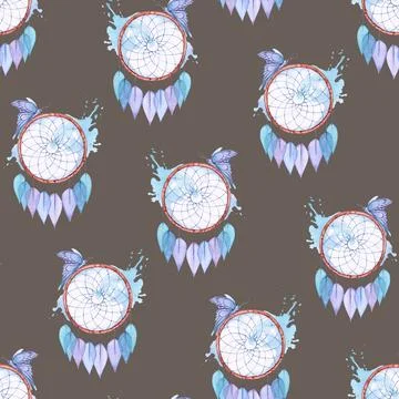 Seamless background with native american dream catchers with colorful feathers Stock Illustration