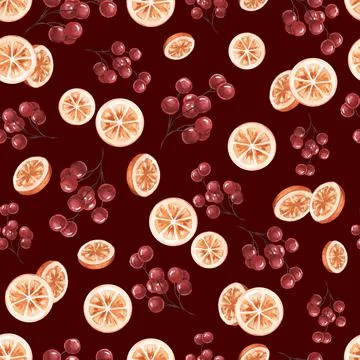 A seamless background with oranges red berries on a twig. A burgundy watercol Illustrazione stock