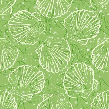 Seamless background, outline seashells Stock Illustration