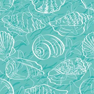Seamless background, outline seashells Illustrazione stock