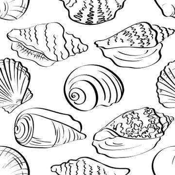 Seamless background, outline seashells Illustrazione stock