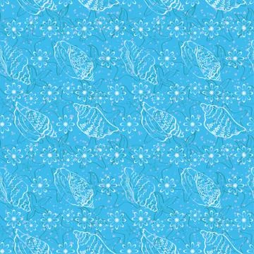 Seamless background, outline seashells Stock Illustration