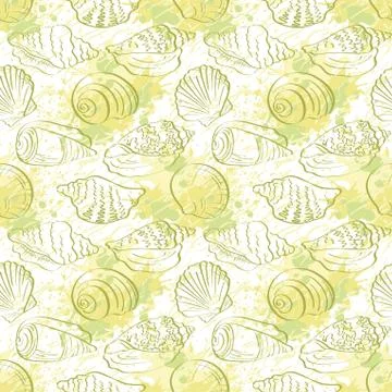 Seamless background, outline seashells Stock Illustration