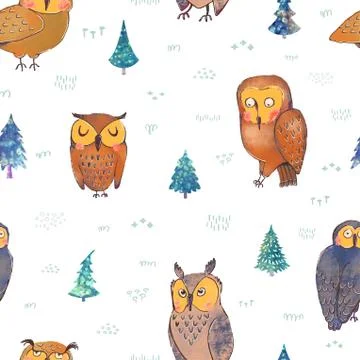 Seamless background with owls in forest Stock Illustration