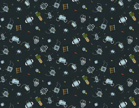 Seamless background for packaging and design with elements of robots and parts. Illustrazione stock