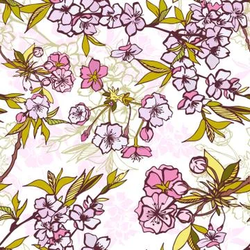 Seamless background pattern with blossoming sakura イラスト素材