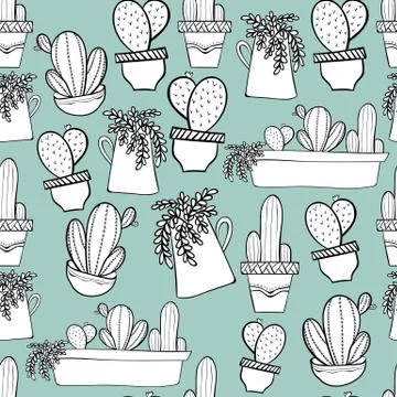 Seamless background pattern with cactus in pots. Indoor plants in a flat st.. Stock Illustration