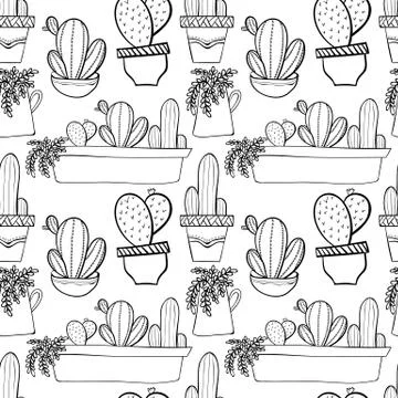 Seamless background pattern with cactus in pots. Indoor plants in a flat st.. Stock Illustration
